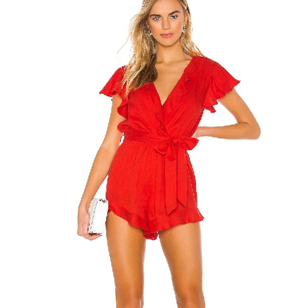 Lovers + Friends Red Ruffled V-Neck Romper